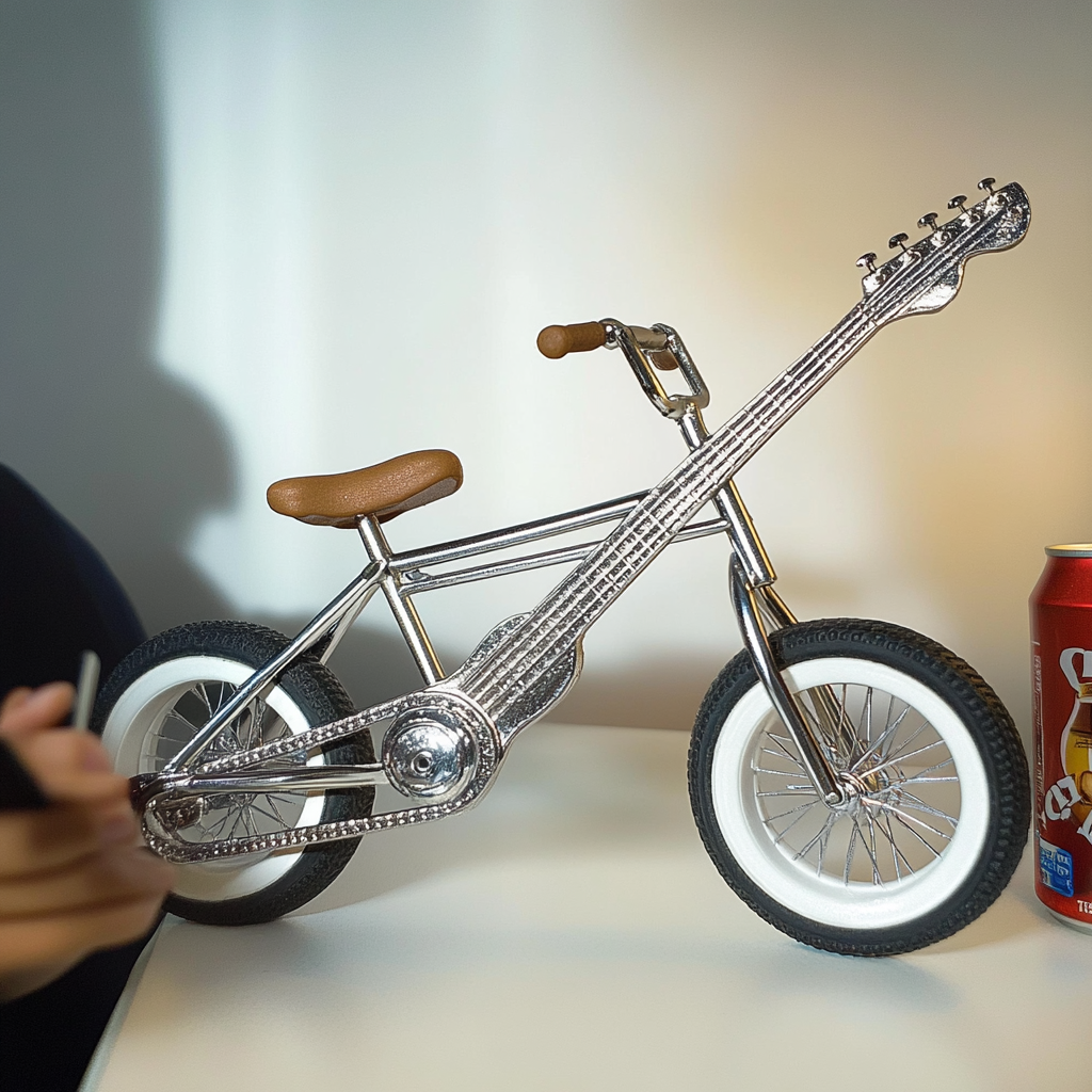 Guitar-Bike Drop 001 – 6-inch die-cast chrome toy with boxed packaging