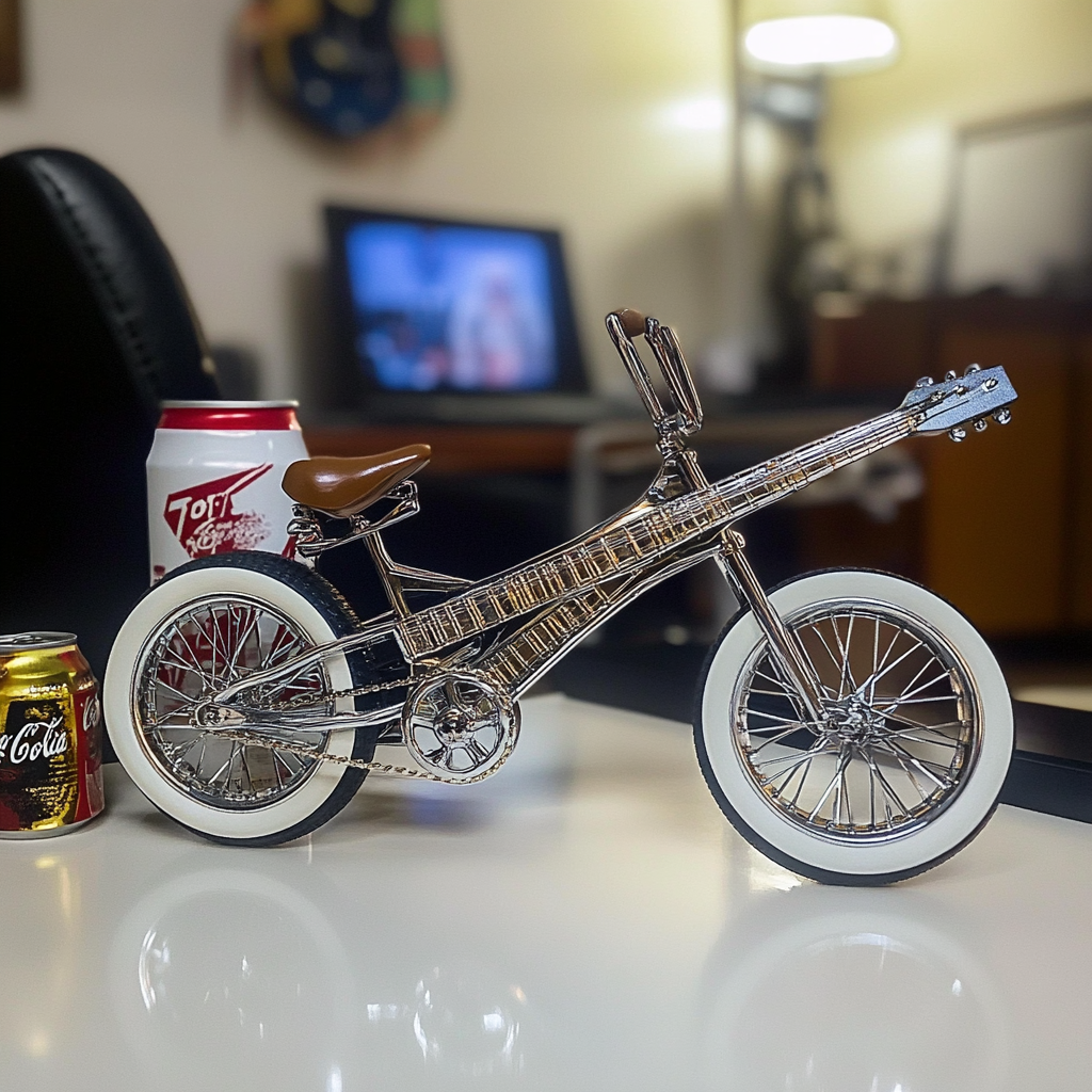 Guitar-Bike Drop 001 – 6-inch die-cast chrome toy with boxed packaging